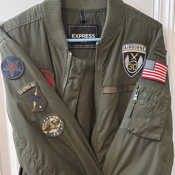 Express Green Bomber Jacket with Military Style - Picture 3 of 4